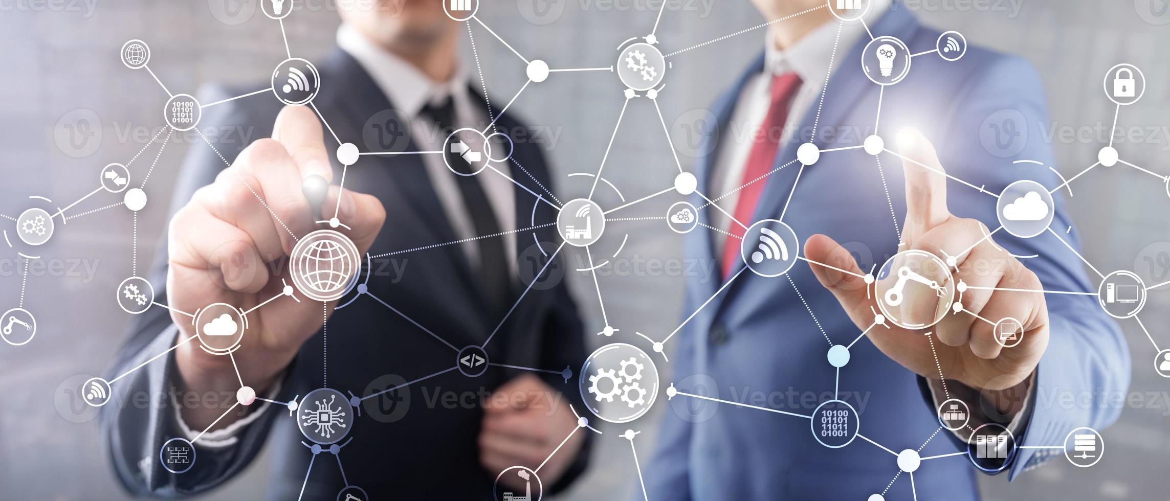 Technology industrial business process workflow organisation structure on virtual screen. IOT smart industry concept mixed media diagram. photo