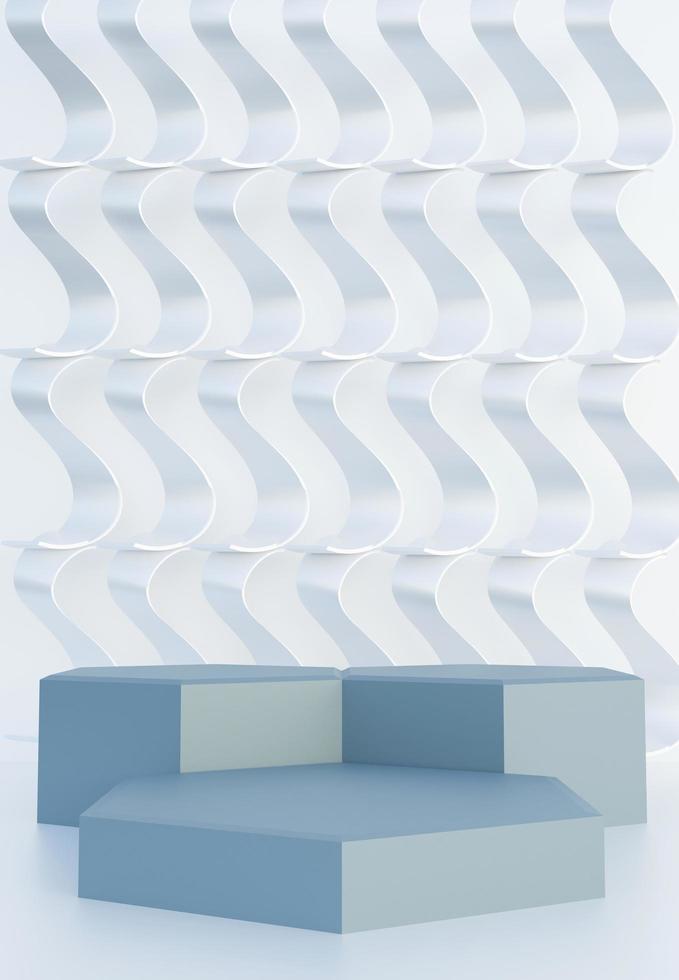 Blue podium with abstract art objects. Stand to show products. Stage showcase with modern scene. Pedestal in vertical display. Beauty fashion backdrop for smartphone. 3D rendering. photo