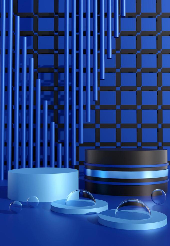 Black and blue podium with abstract art objects. Stand to show products. Stage showcase with modern scene. Pedestal in vertical display. Backdrop for smartphone. 3D rendering. photo