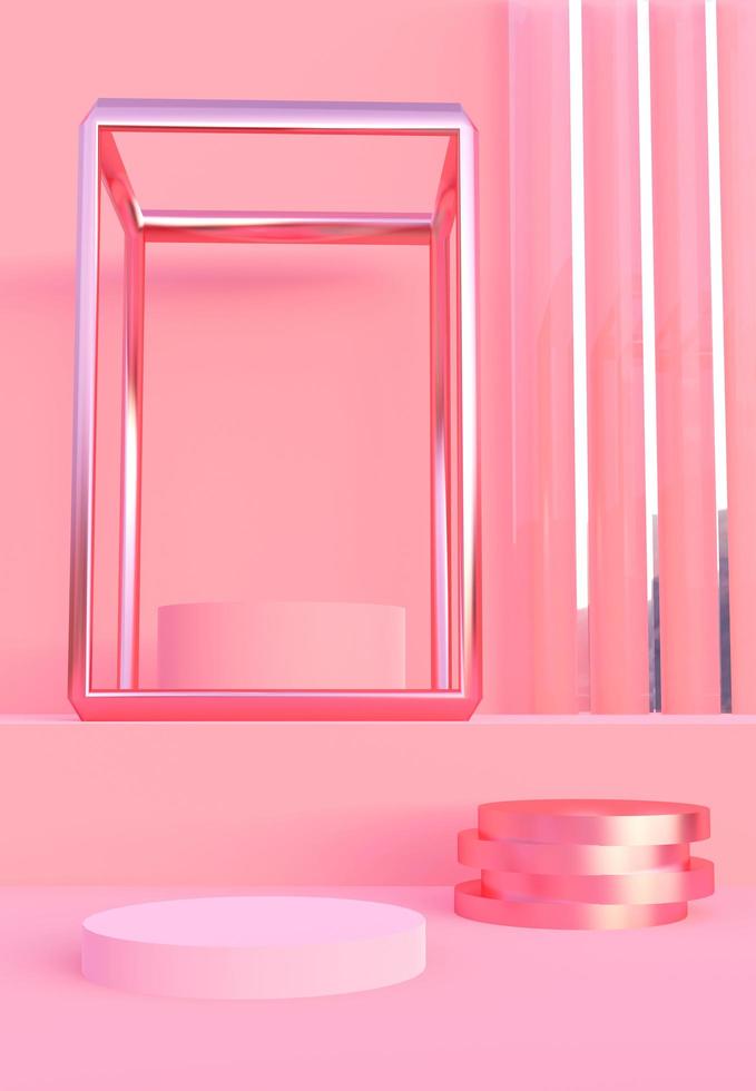 Pink podium with abstract art objects. Stand to show products. Stage showcase with modern scene. Pedestal in vertical display. Beauty fashion backdrop for smartphone. 3D rendering. photo