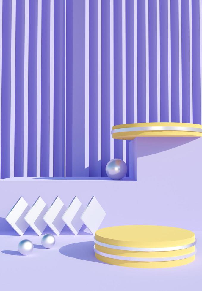 Yellow podium with purple abstract art objects. Stand to show products. Stage showcase with modern scene. Pedestal in vertical display. Beauty fashion backdrop for smartphone. 3D rendering. photo