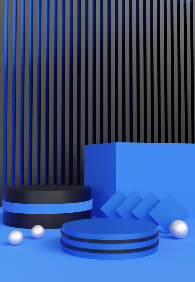 Black and blue podium with abstract art objects. Stand to show products. Stage showcase with modern scene. Pedestal in vertical display. Backdrop for smartphone. 3D rendering. photo