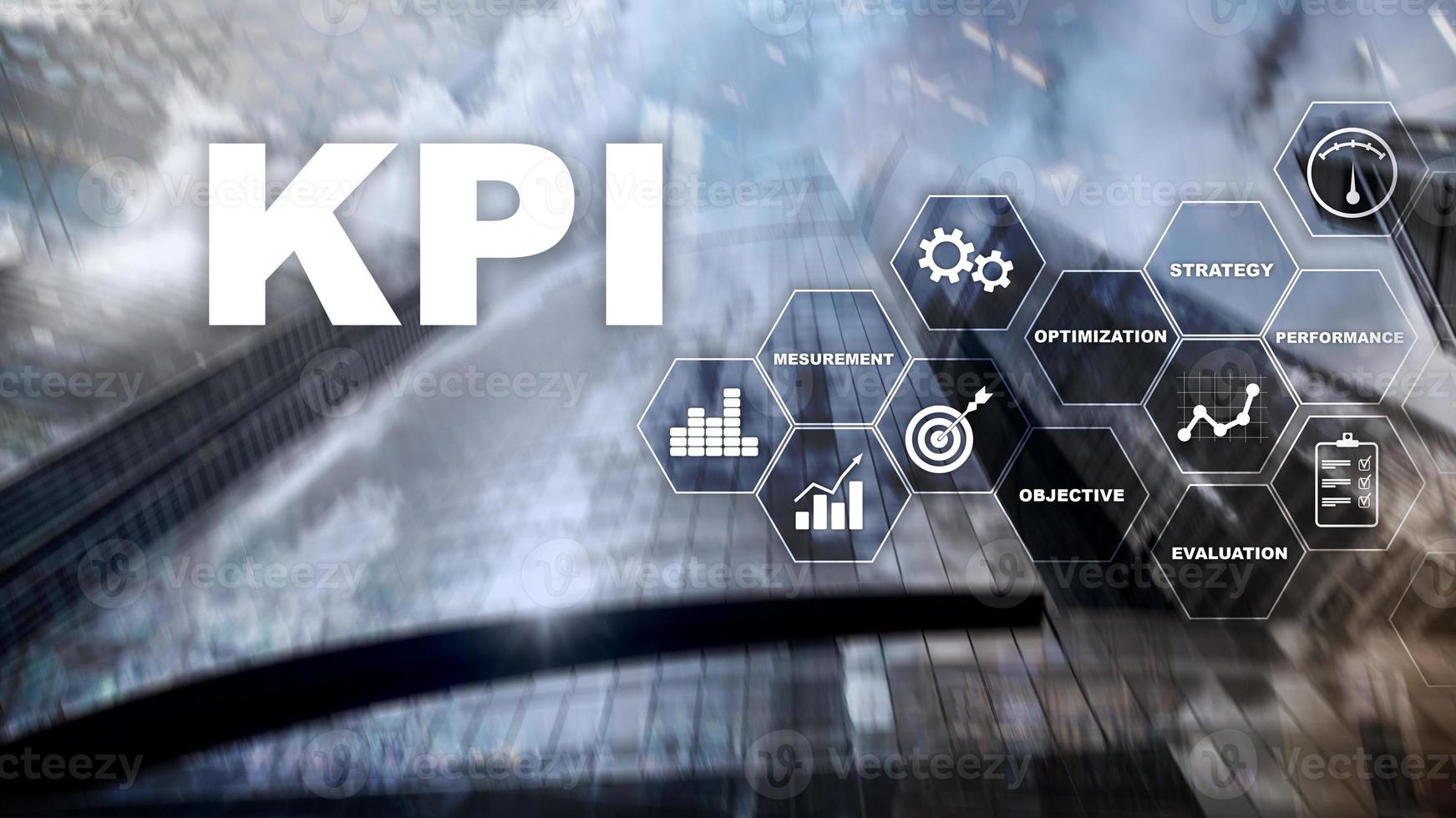 kpi: indicador clave de rendimiento. concepto de negocio y tecnología. exposición múltiple, técnica mixta. concepto financiero sobre fondo borroso. foto