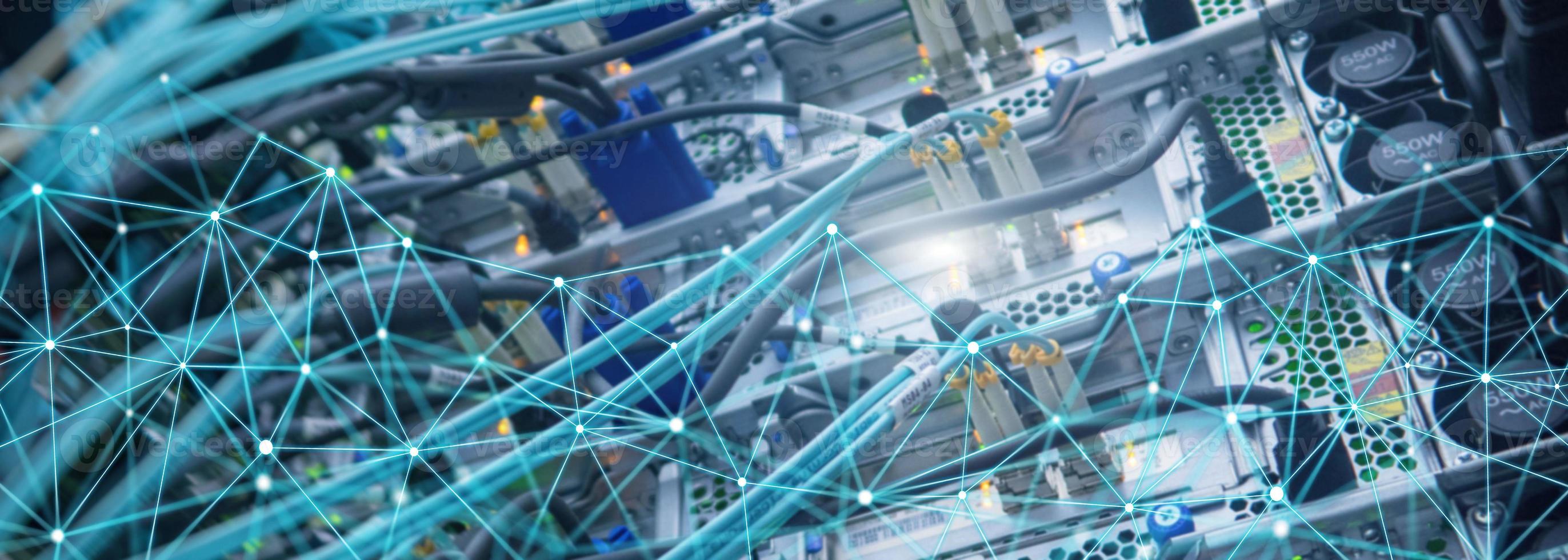 Telecommunication global network structure and networking concept on panoramic server background. photo