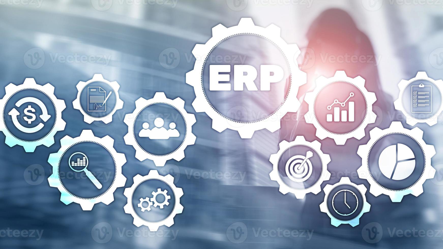 sistema erp, planificación de recursos empresariales sobre fondo borroso. concepto de innovación y automatización empresarial. foto