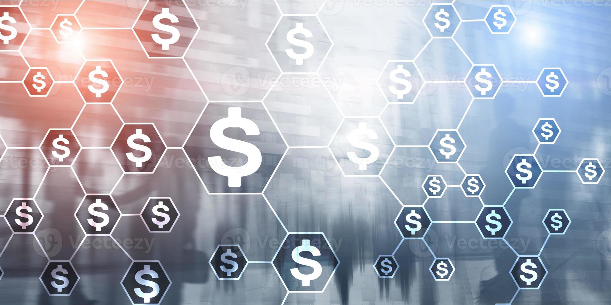 Dollars icons on virtual screen. Mixed Media Universal background. Investment exchange concept. photo
