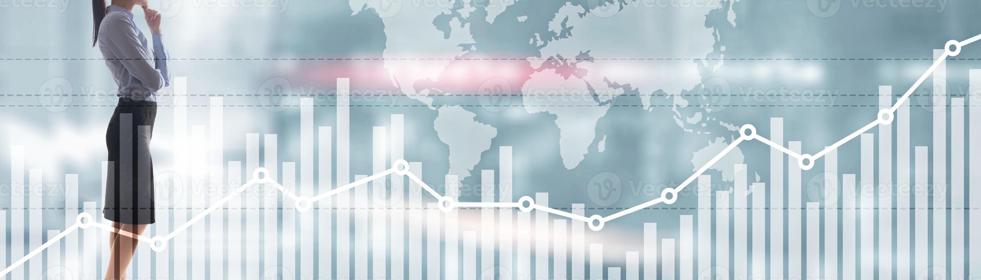 Double exposure global world map on business financial stock market trading background. photo