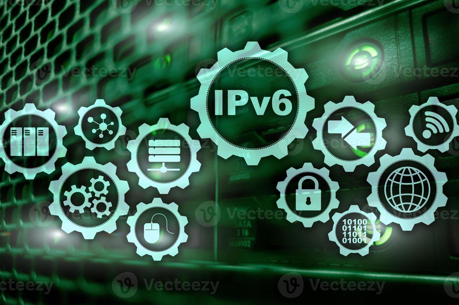 IPv6 Internet Protocol on server room background. Business Technology Internet and network concept photo