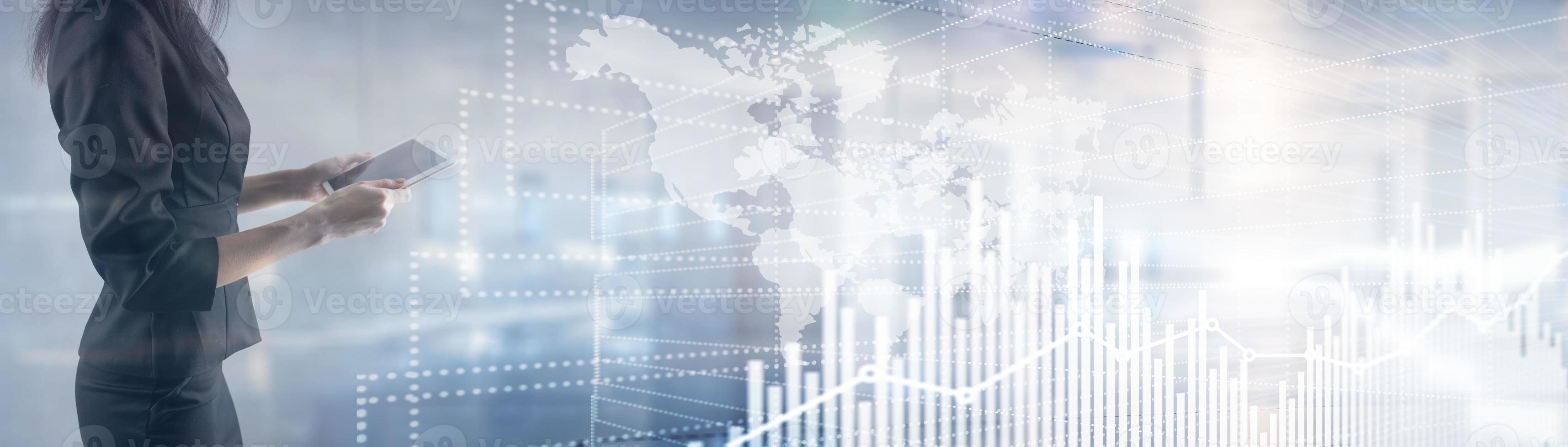 Future Financial Technology Interface. Graph Stock Market chart. World map on virtual screen. Website Banner photo