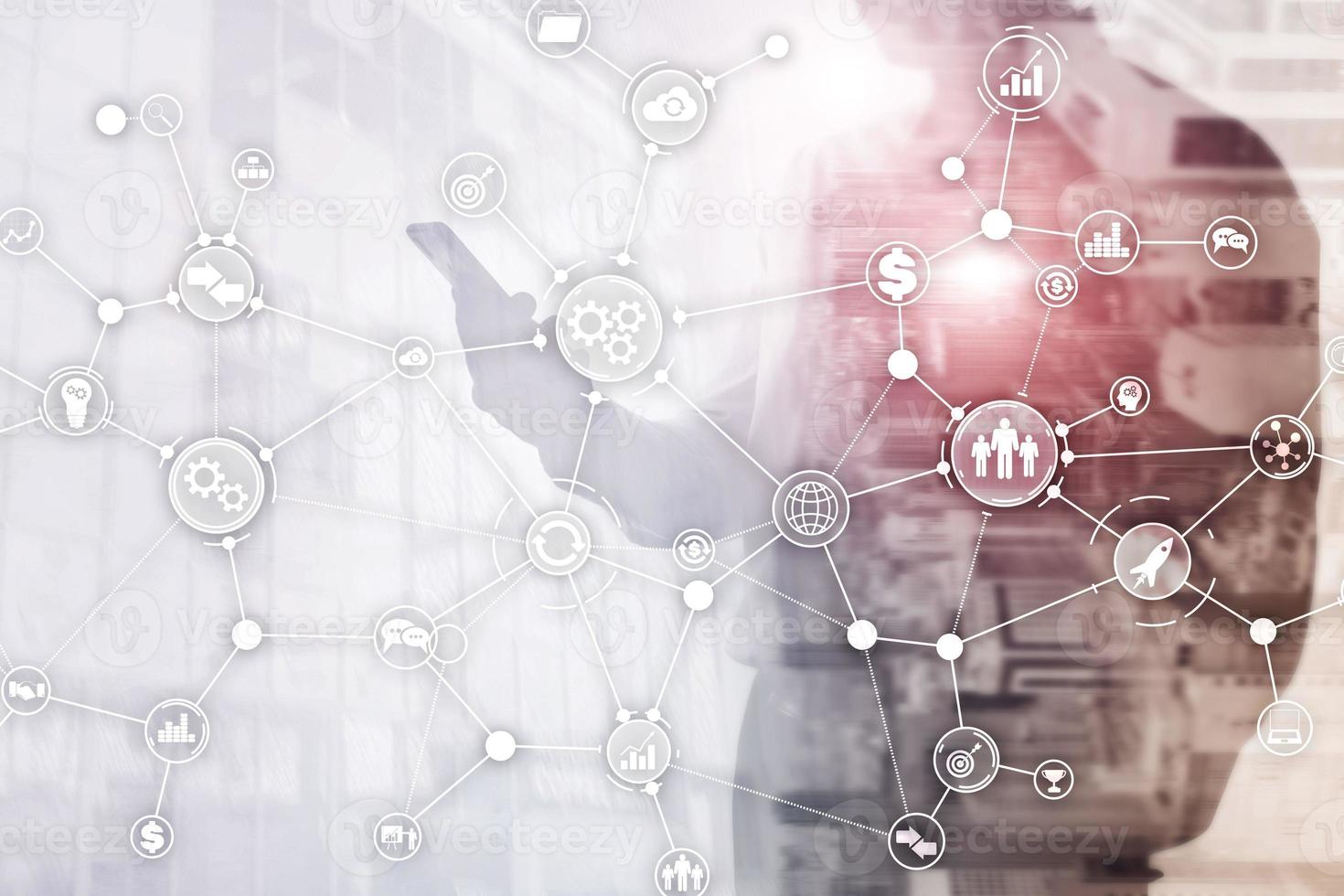 Business process structure industrial workflow diagram automation innovation concept on virtual screen mixed media. photo