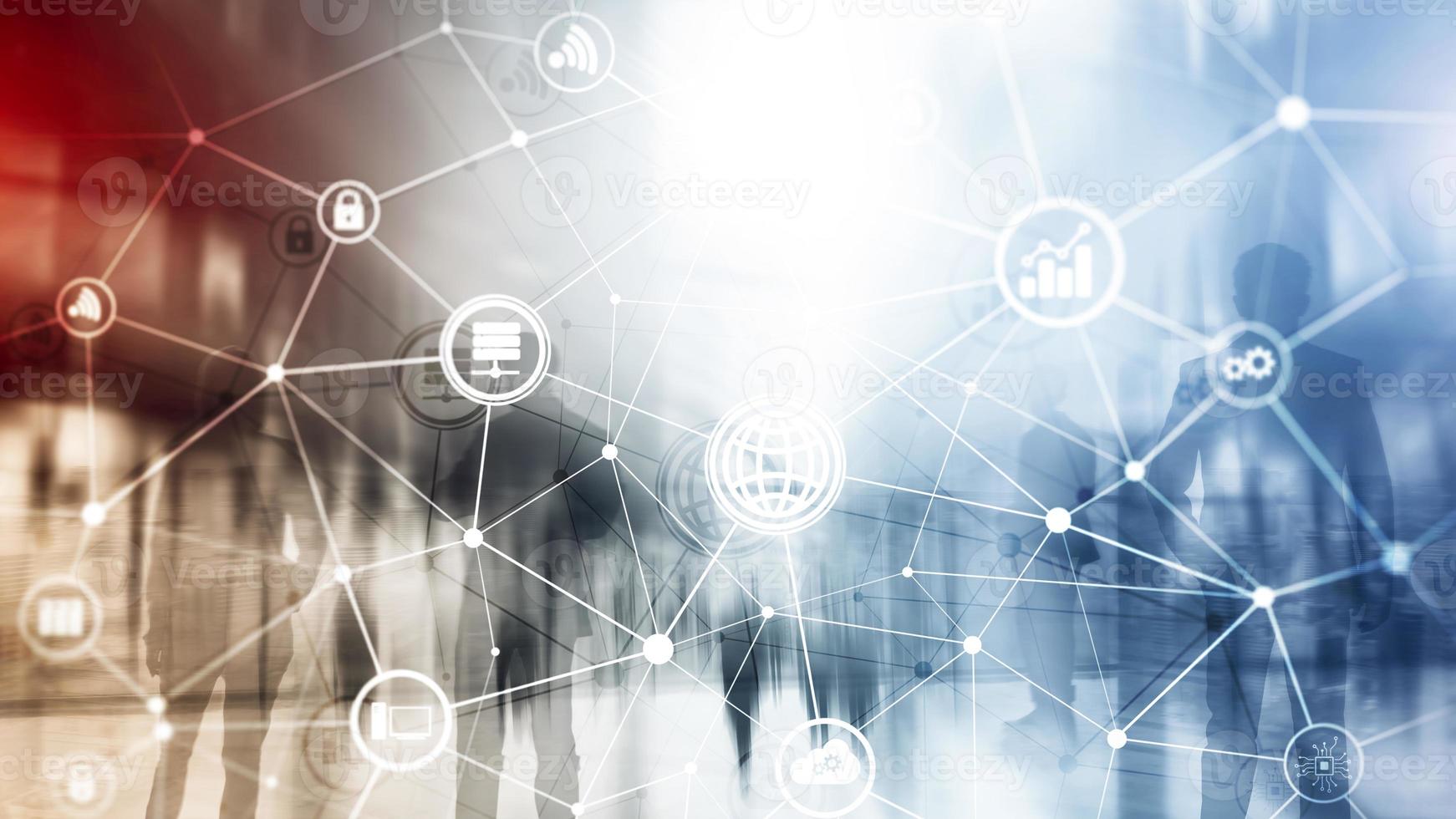 ICT - information and telecommunication technology and IOT - internet of things concepts. Diagrams with icons on server room backgrounds. photo