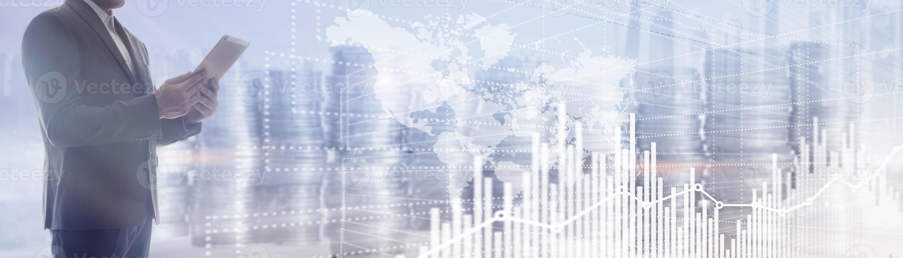 Future Financial Technology Interface. Graph Stock Market chart. World map on virtual screen. Website Banner. photo