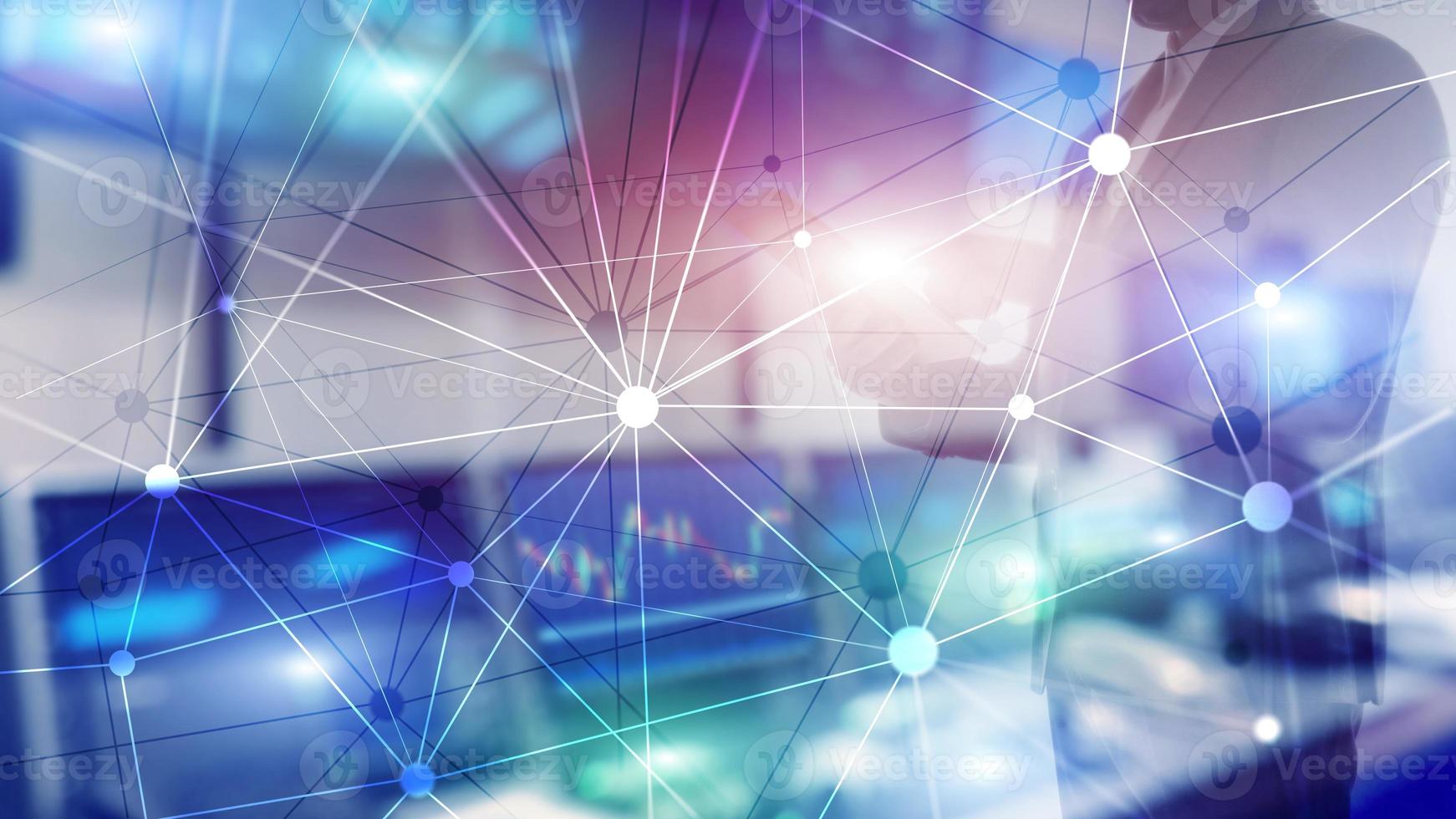 Blockchain network on blurred skyscrapers background. Financial technology and communication concept. photo