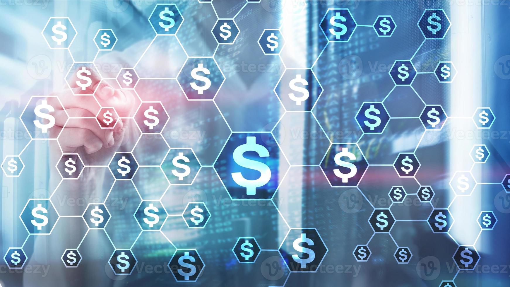 Dollars icons, money network structure. ICO, trading and investment. Crowdfunding. photo