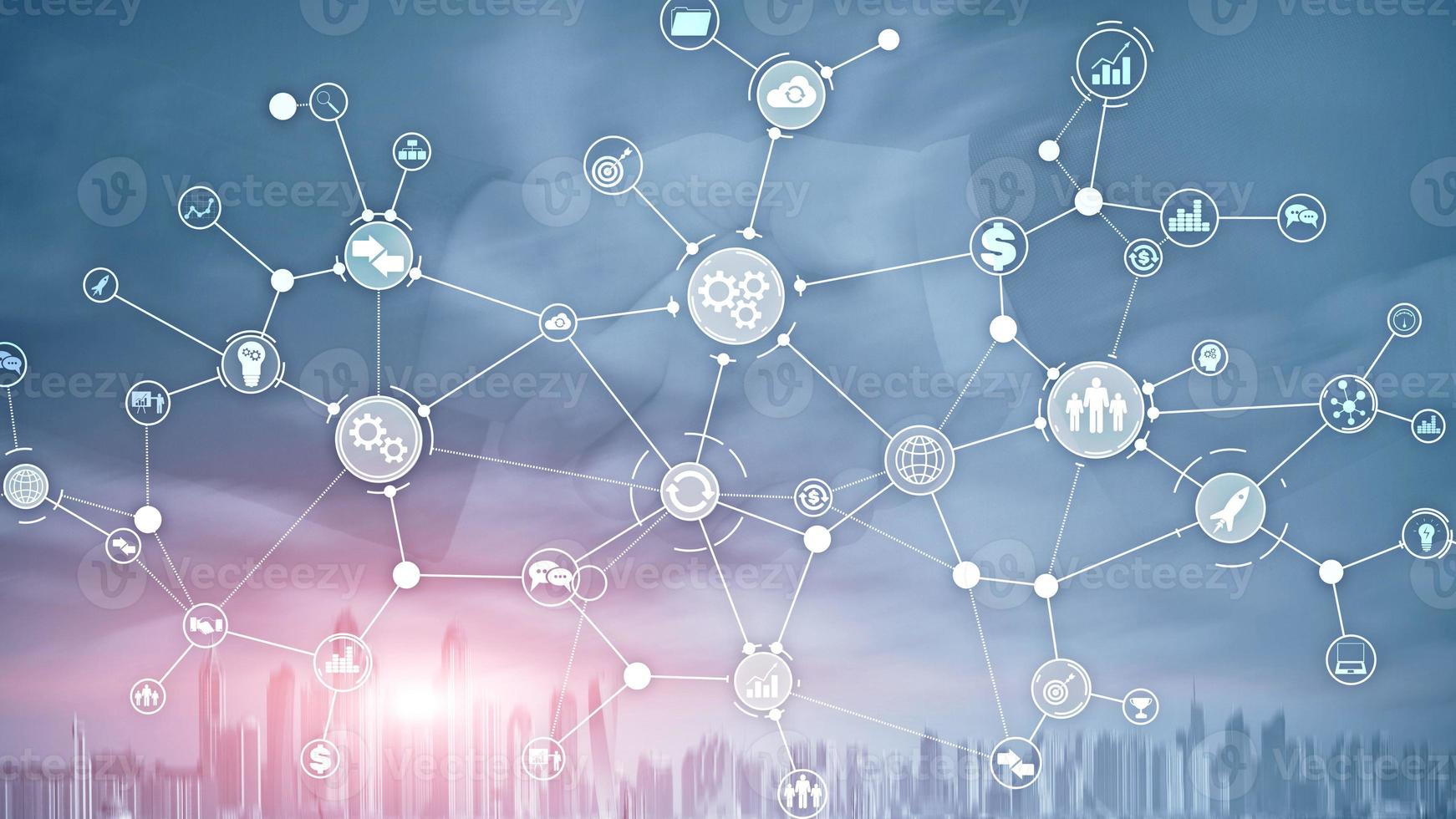 Business process structure industrial workflow diagram automation innovation concept on virtual screen mixed media. Dubai city. photo