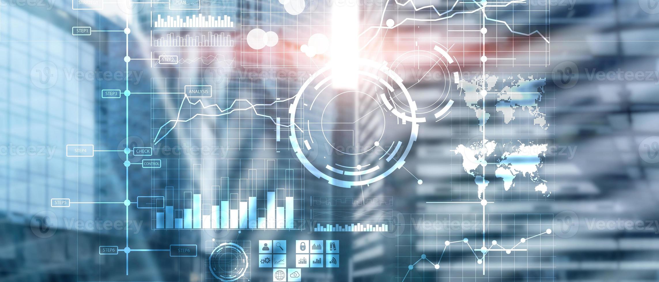 Business intelligence BI Key performance indicator KPI Analysis dashboard transparent blurred background. photo