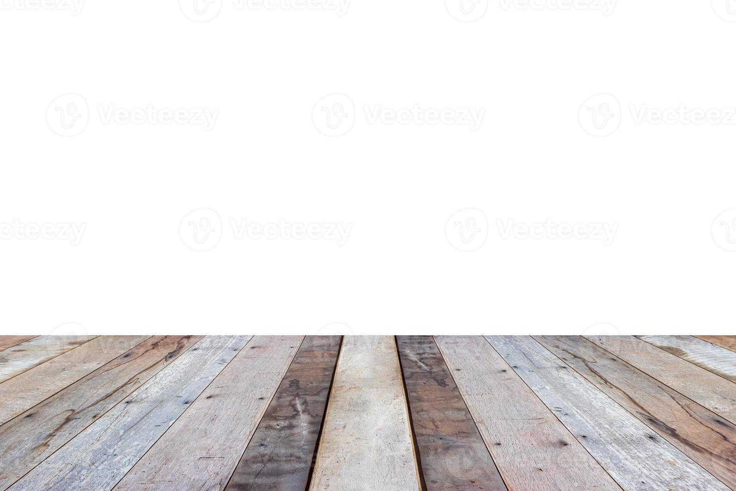 Empty wooden table top isolated on white background for product display photo