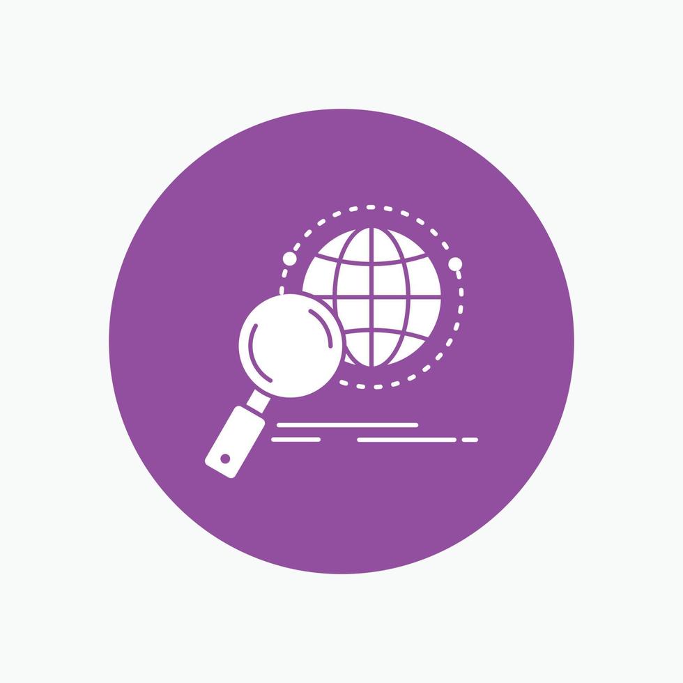 global. globe. magnifier. research. world White Glyph Icon in Circle. Vector Button illustration