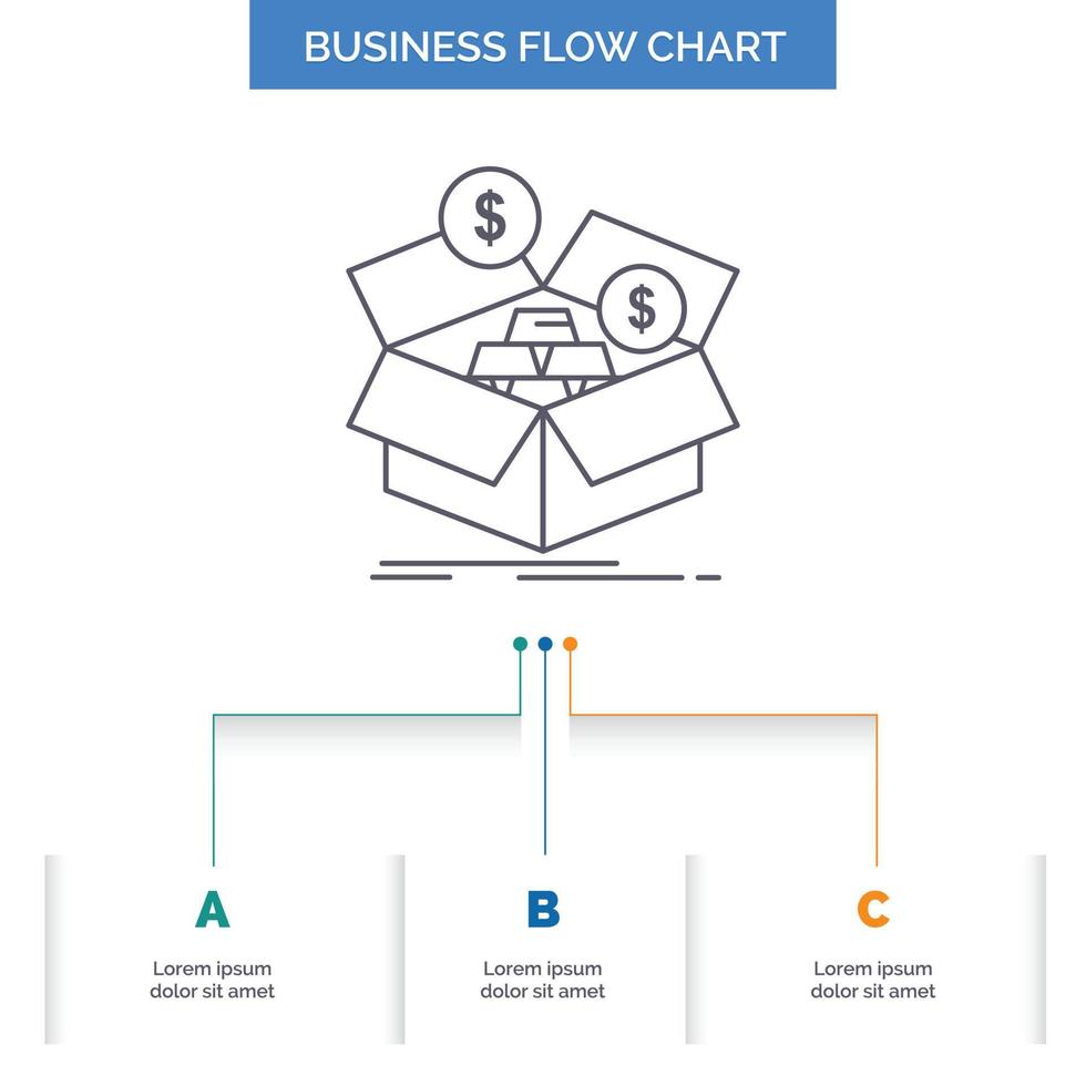 ahorros. caja. presupuesto. dinero. diseño de diagrama de flujo empresarial de crecimiento con 3 pasos. icono de línea para el lugar de plantilla de fondo de presentación para texto vector