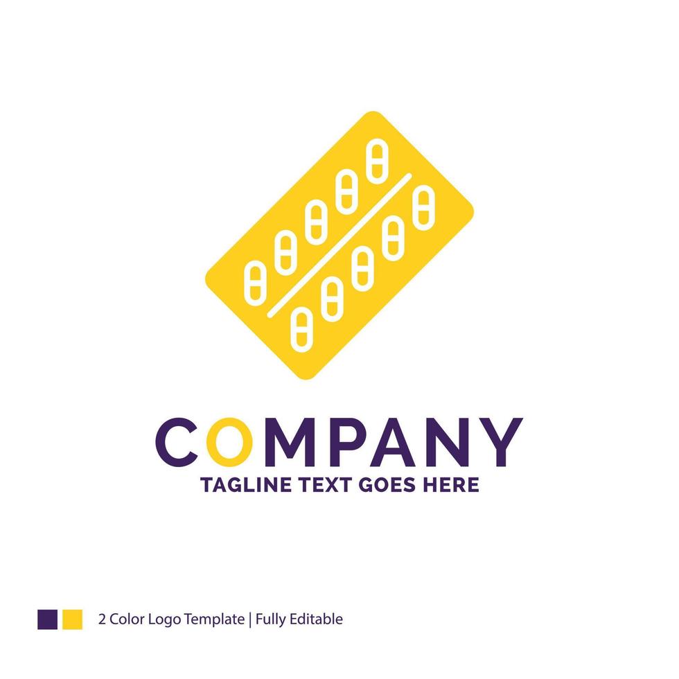 Company Name Logo Design For medicine. Pill. drugs. tablet. packet. Purple and yellow Brand Name Design with place for Tagline. Creative Logo template for Small and Large Business. vector