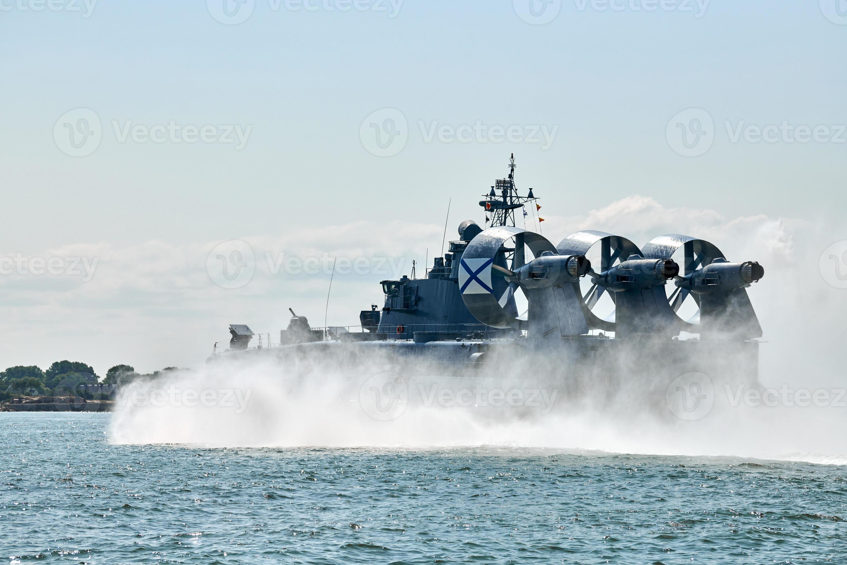 Landing Craft Air Cushion hovercraft flying above water, air cushion
