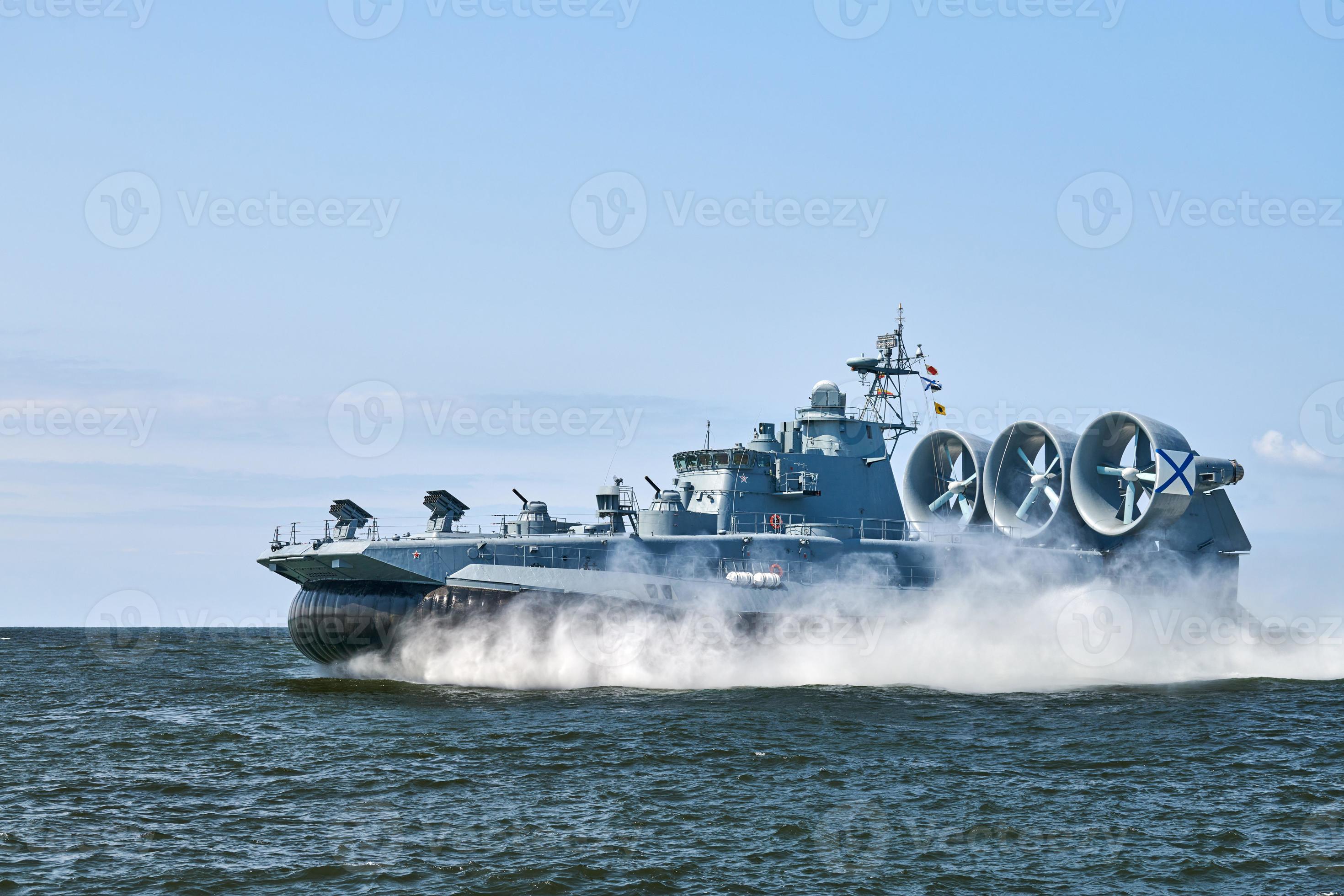 Landing Craft Air Cushion hovercraft flying above water, air cushion