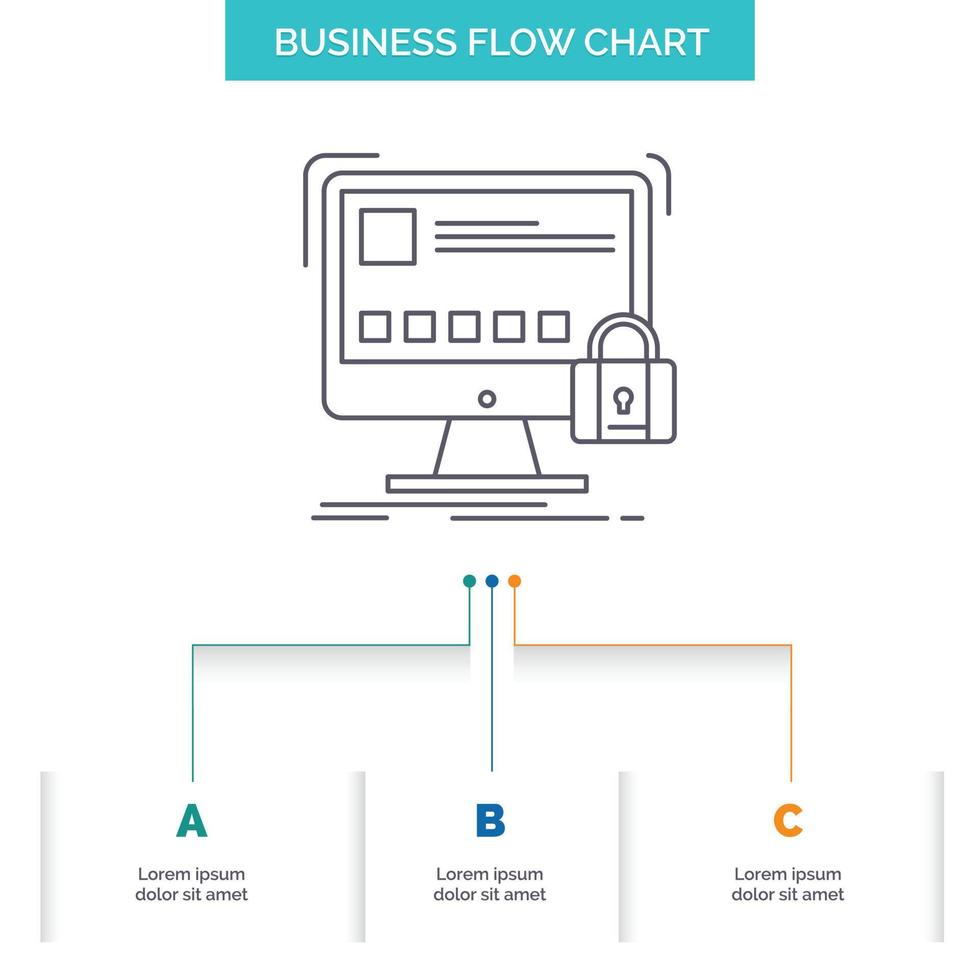 proteger. proteccion. cerrar. la seguridad. diseño de diagrama de flujo empresarial seguro con 3 pasos. icono de línea para el lugar de plantilla de fondo de presentación para texto vector