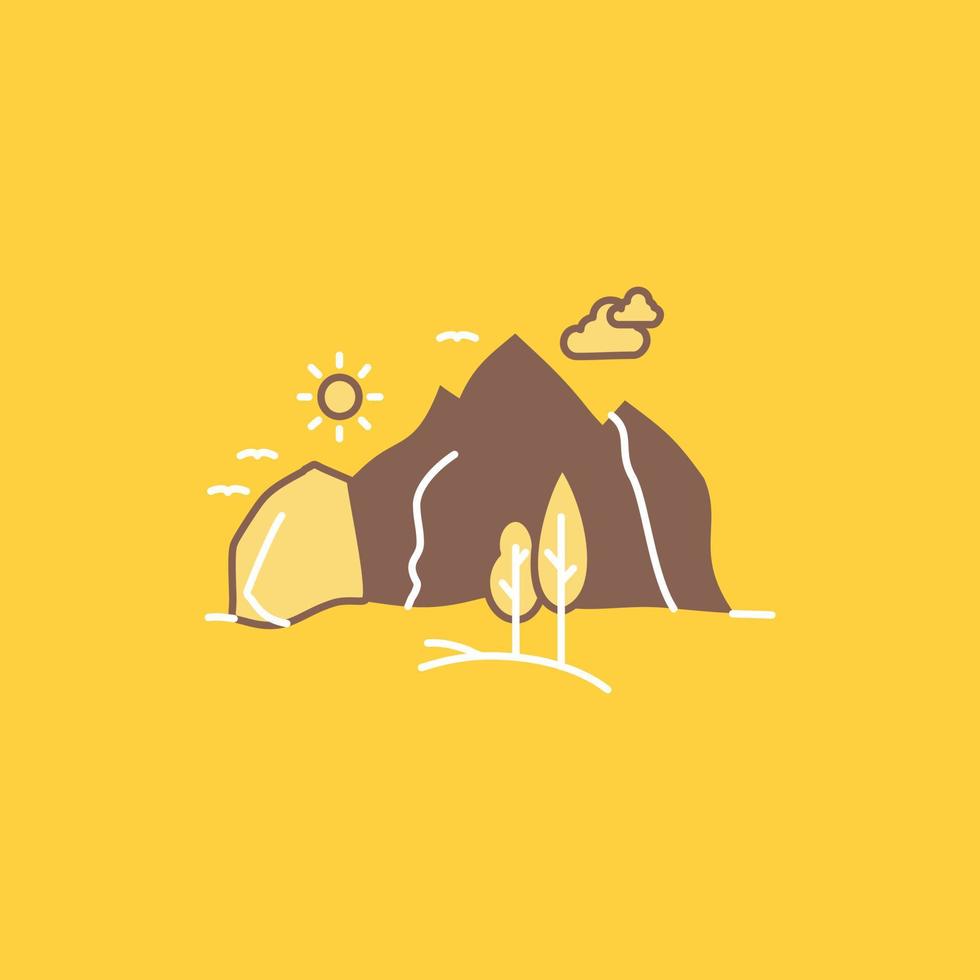 hill. landscape. nature. mountain. tree Flat Line Filled Icon. Beautiful Logo button over yellow background for UI and UX. website or mobile application vector