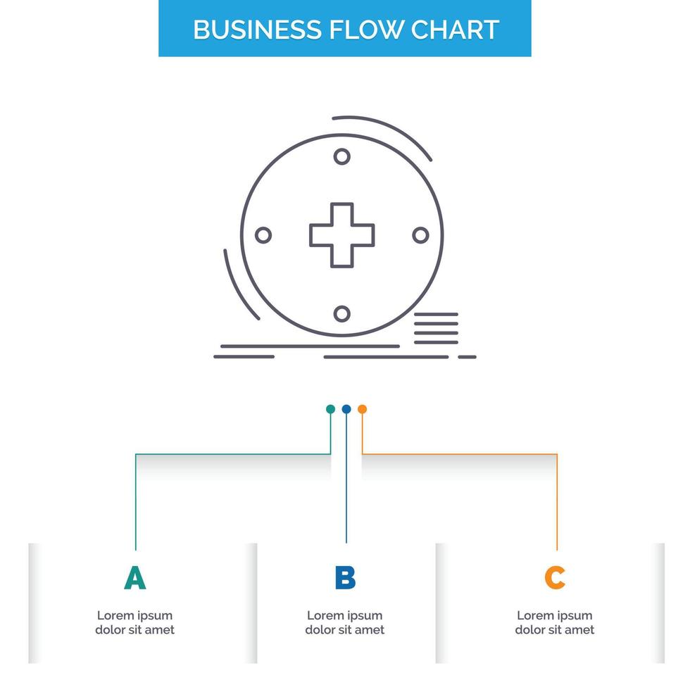 clínico. digital. salud. cuidado de la salud. diseño de diagrama de flujo de negocios de telemedicina con 3 pasos. icono de línea para el lugar de plantilla de fondo de presentación para texto vector