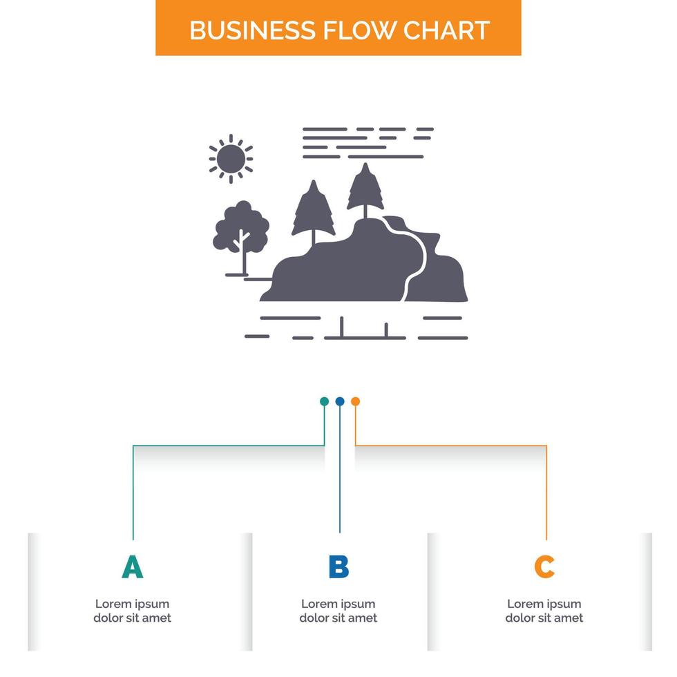 Cerro. paisaje. naturaleza. montaña. diseño de diagrama de flujo de negocios de lluvia con 3 pasos. icono de glifo para el lugar de plantilla de fondo de presentación para texto. vector