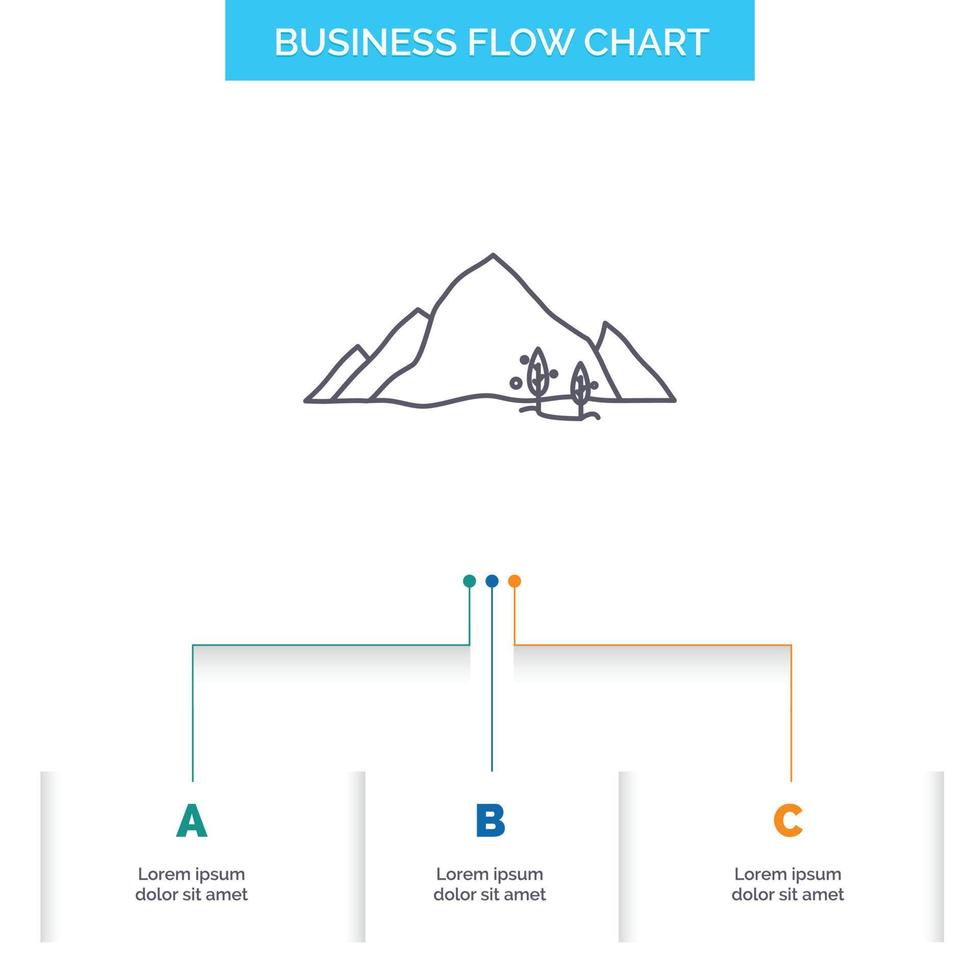 mountain. landscape. hill. nature. tree Business Flow Chart Design with 3 Steps. Line Icon For Presentation Background Template Place for text vector