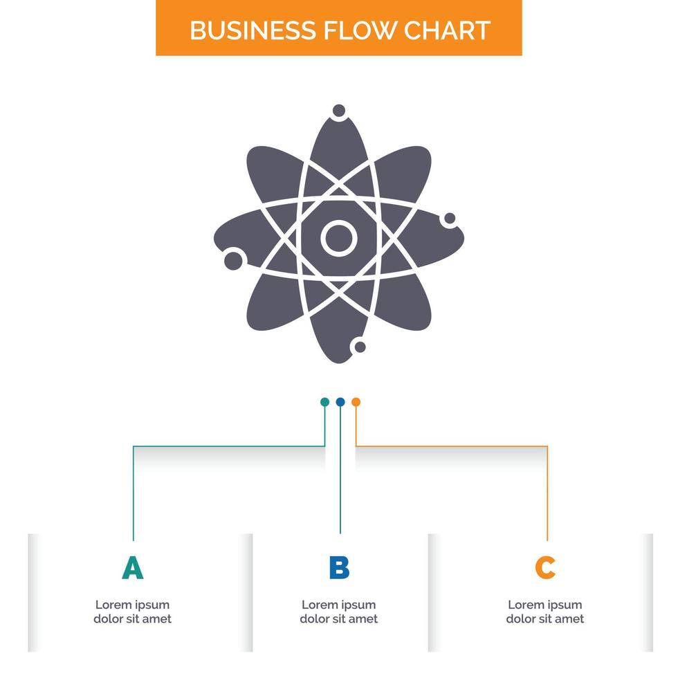 atom. nuclear. molecule. chemistry. science Business Flow Chart Design with 3 Steps. Glyph Icon For Presentation Background Template Place for text. vector