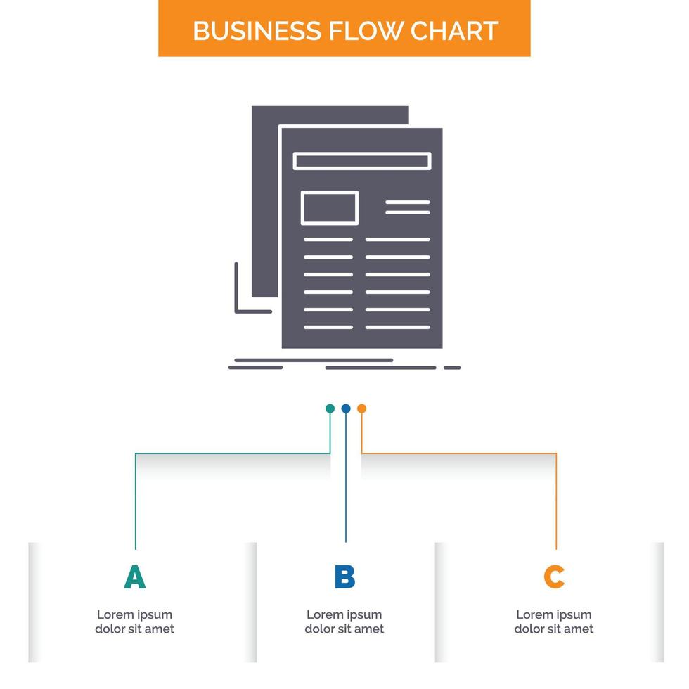 gaceta. medios de comunicación. noticias. Boletin informativo. diseño de diagrama de flujo de negocios de periódicos con 3 pasos. icono de glifo para el lugar de plantilla de fondo de presentación para texto. vector