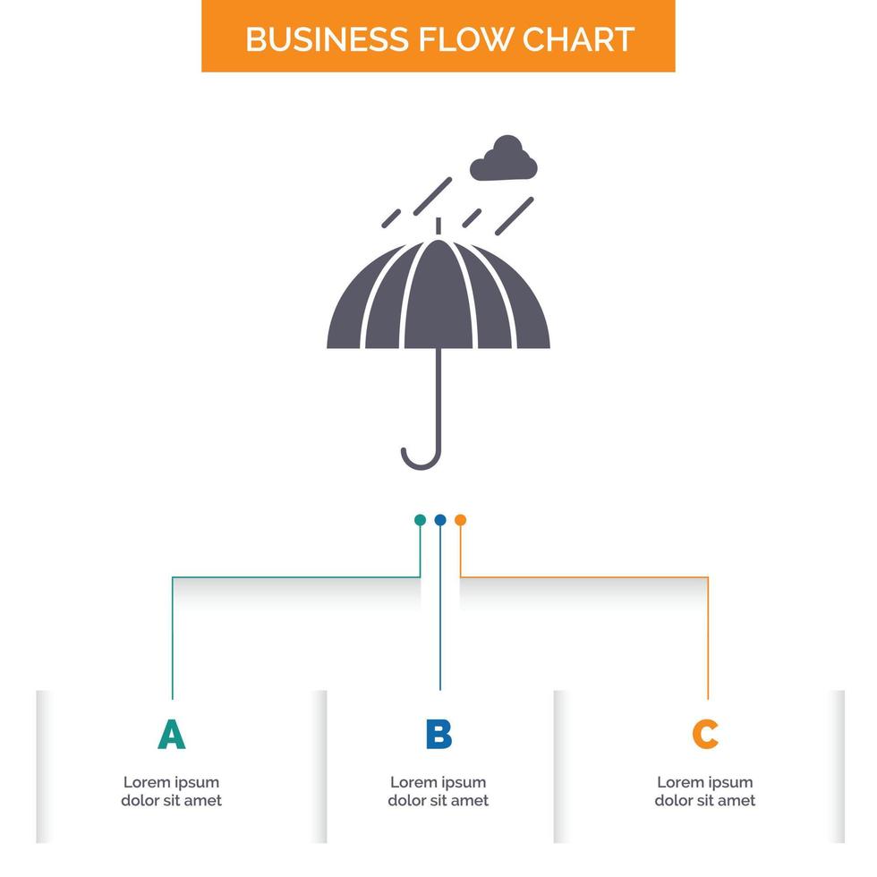 sombrilla. cámping. lluvia. la seguridad. diseño de diagrama de flujo de negocios meteorológicos con 3 pasos. icono de glifo para el lugar de plantilla de fondo de presentación para texto. vector