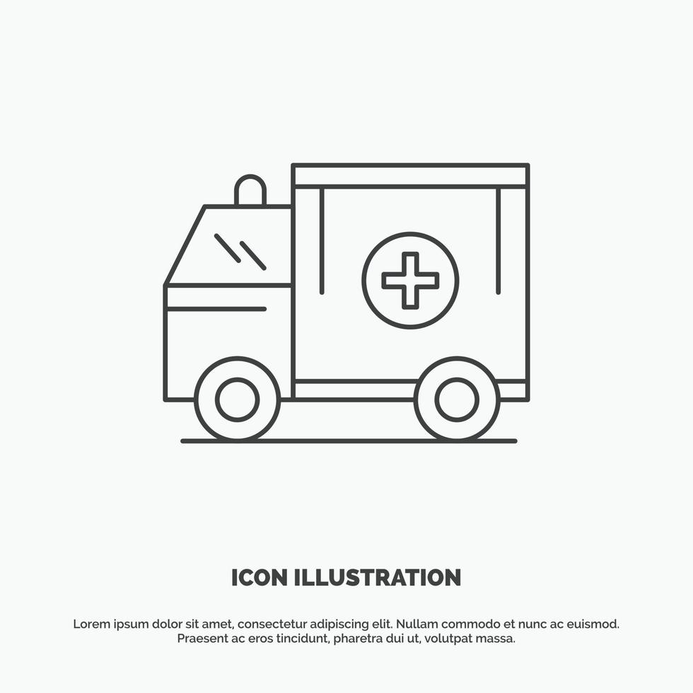 ambulancia. camión. médico. ayuda. icono de furgoneta. símbolo gris vectorial de línea para ui y ux. sitio web o aplicación móvil vector