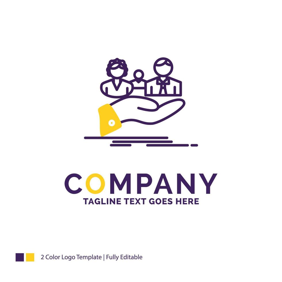 Company Name Logo Design For insurance. health. family. life. hand. Purple and yellow Brand Name Design with place for Tagline. Creative Logo template for Small and Large Business. vector