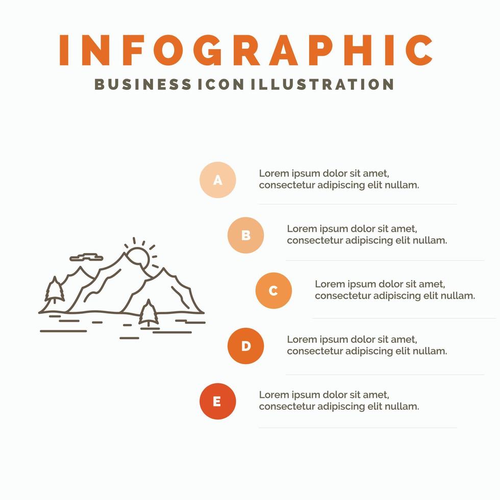 montaña. Cerro. paisaje. naturaleza. plantilla de infografía de árbol para sitio web y presentación. icono de línea gris con ilustración de vector de estilo infográfico naranja