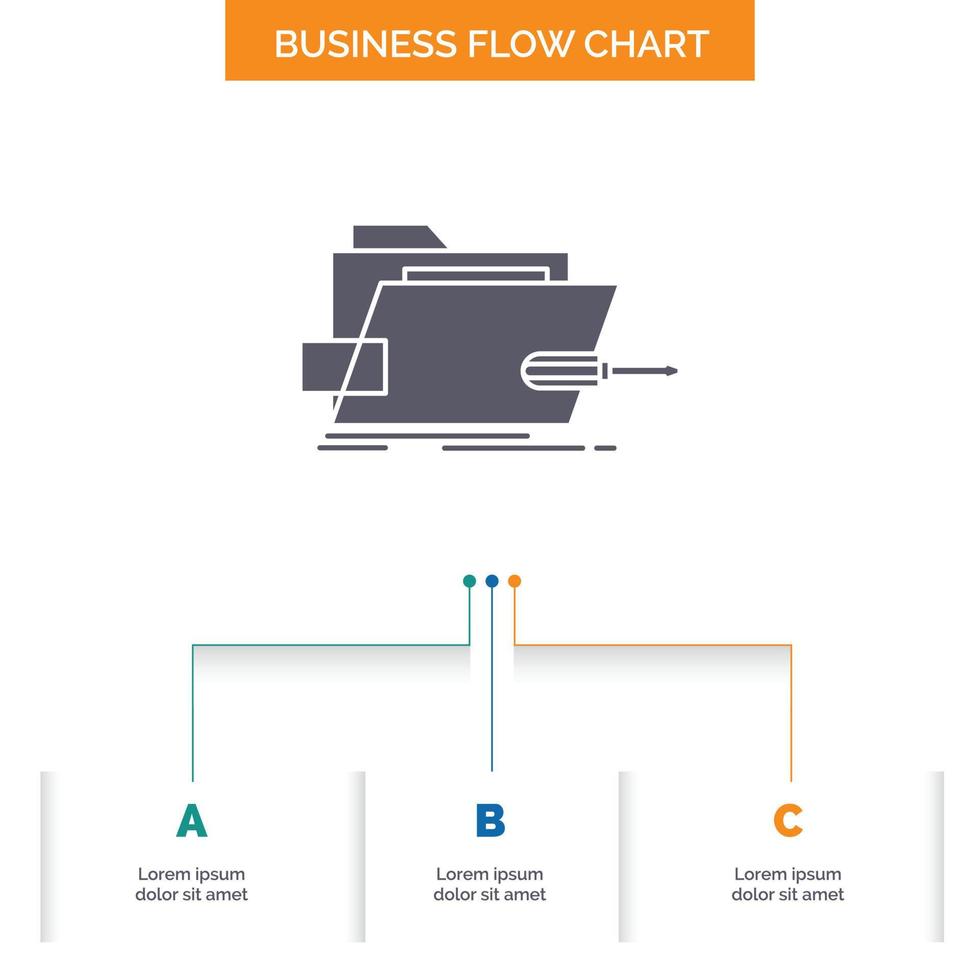 Folder. repair. skrewdriver. tech. technical Business Flow Chart Design with 3 Steps. Glyph Icon For Presentation Background Template Place for text. vector