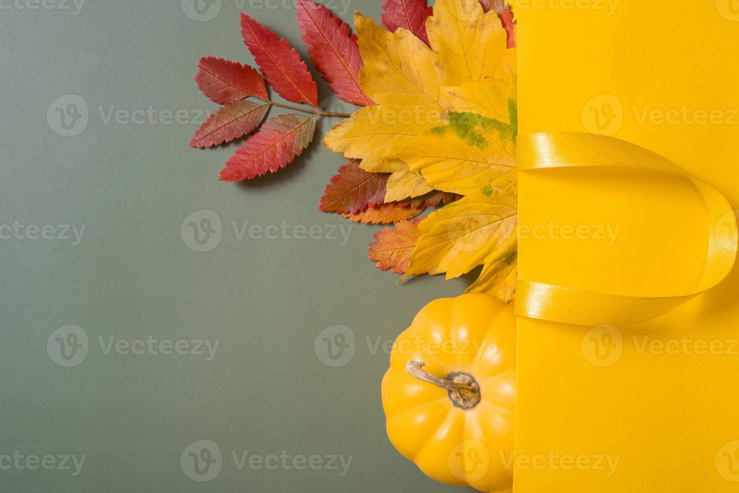 Autumn shopping and sales concept. Composition of autumn fallen leaves and a shopping bag on a green background photo