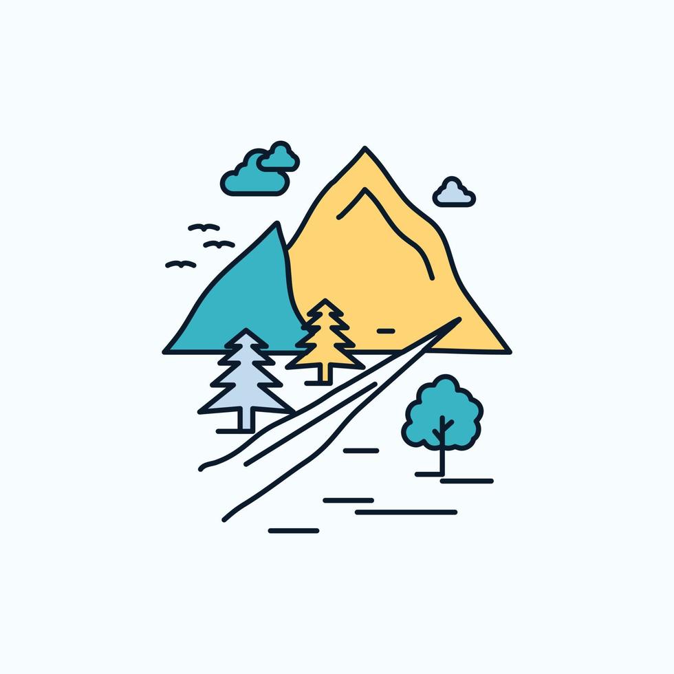 rocks. tree. hill. mountain. nature Flat Icon. green and Yellow sign and symbols for website and Mobile appliation. vector illustration