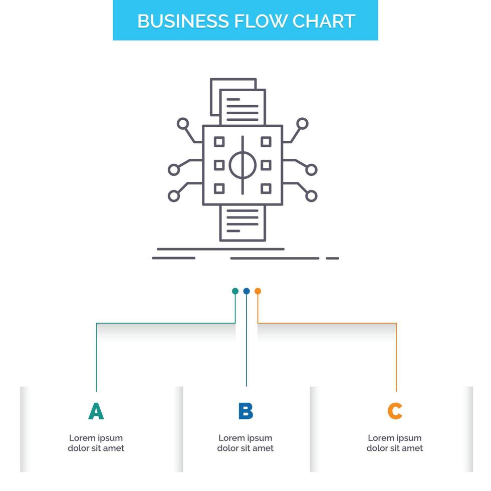 análisis. datos. dato. Procesando. informes de diseño de diagramas de flujo de negocios con 3 pasos. icono de línea para el lugar de plantilla de fondo de presentación para texto vector