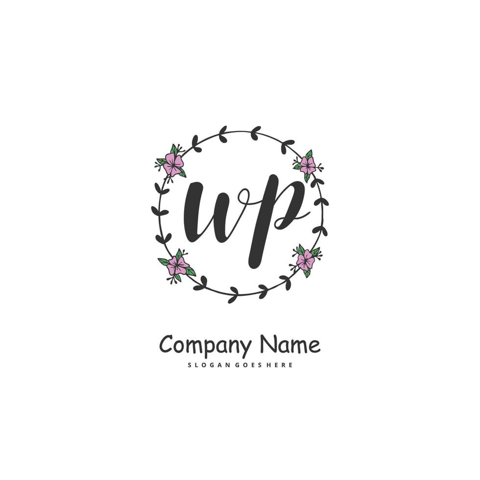 wp escritura a mano inicial y diseño de logotipo de firma con círculo. hermoso diseño de logotipo escrito a mano para moda, equipo, boda, logotipo de lujo. vector