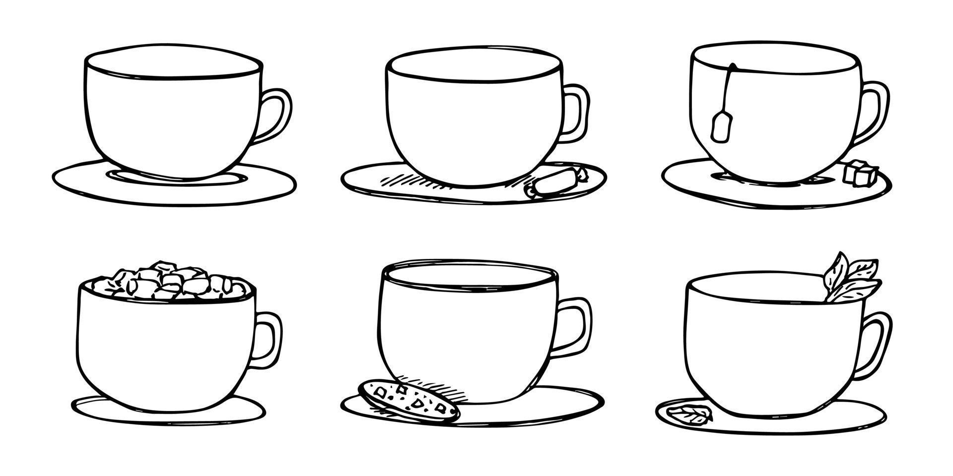 linda taza de té y café ilustración. imágenes prediseñadas de taza simple. acogedor conjunto de garabatos para el hogar vector