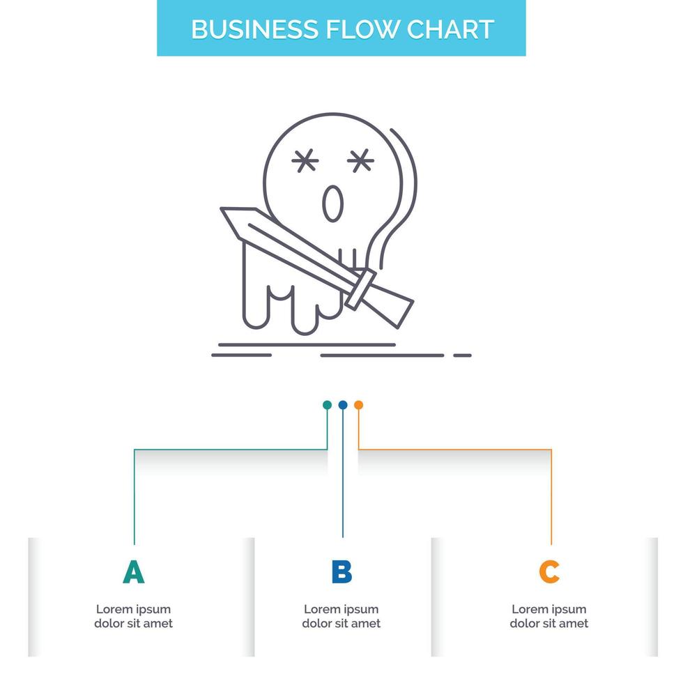 muerte. fragmento juego. matar. diseño de diagrama de flujo de negocios de espada con 3 pasos. icono de línea para el lugar de plantilla de fondo de presentación para texto vector