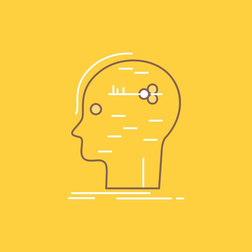 brain. hack. hacking. key. mind Flat Line Filled Icon. Beautiful Logo button over yellow background for UI and UX. website or mobile application vector