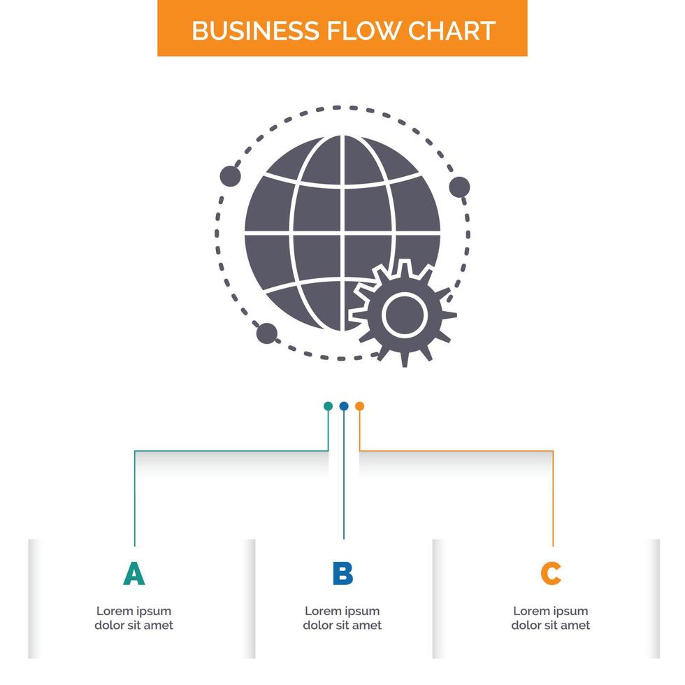 conectado. en línea. mundo. globo. diseño de diagrama de flujo empresarial multijugador con 3 pasos. icono de glifo para el lugar de plantilla de fondo de presentación para texto. vector