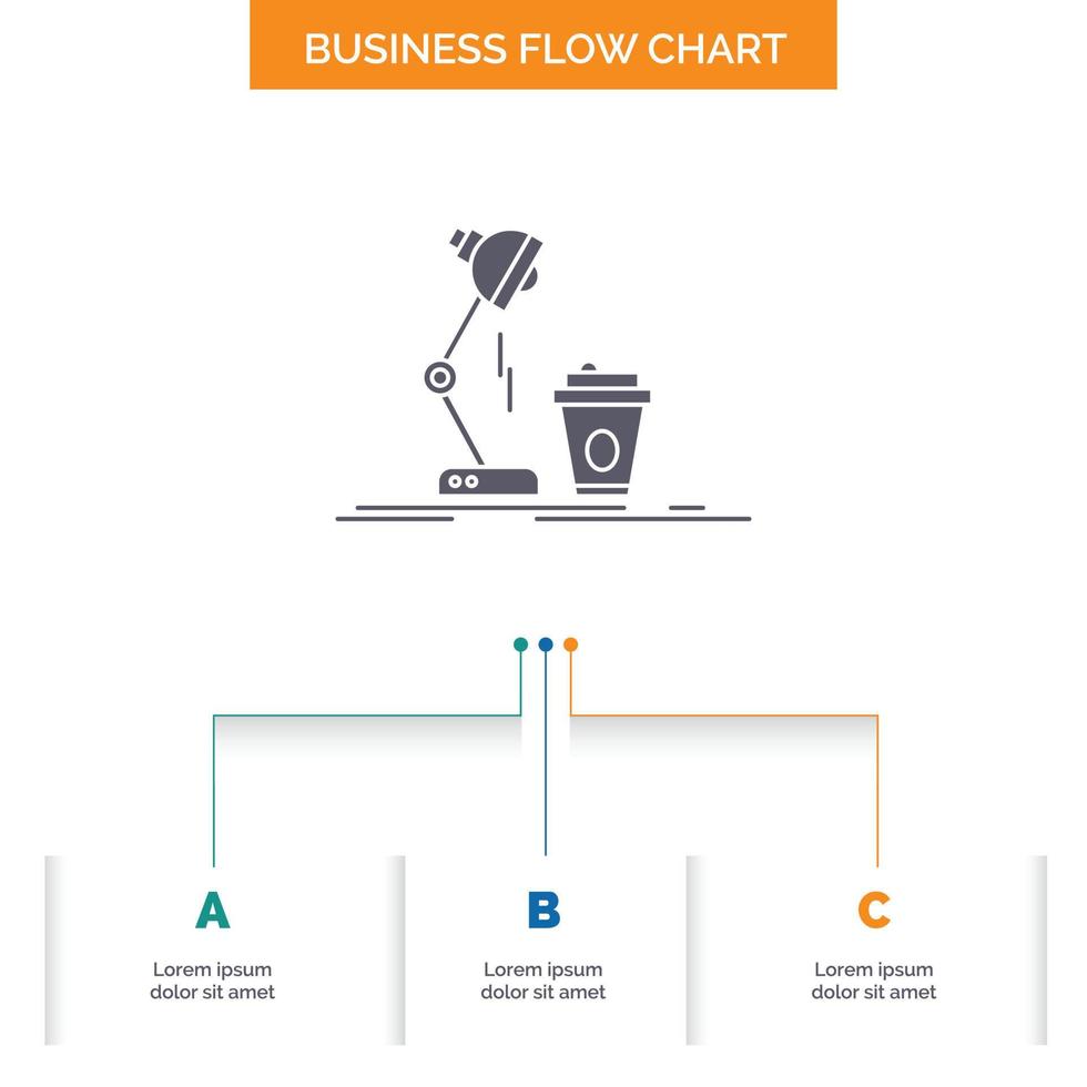 studio. design. coffee. lamp. flash Business Flow Chart Design with 3 Steps. Glyph Icon For Presentation Background Template Place for text. vector