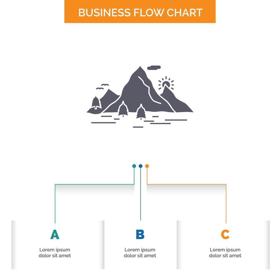 Nature. hill. landscape. mountain. scene Business Flow Chart Design with 3 Steps. Glyph Icon For Presentation Background Template Place for text. vector