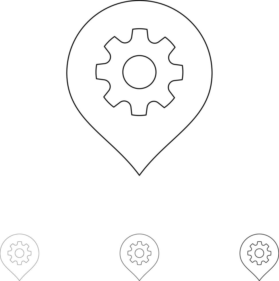 conjunto de iconos de línea negra fina y audaz mapa de ubicación de configuración de engranajes vector