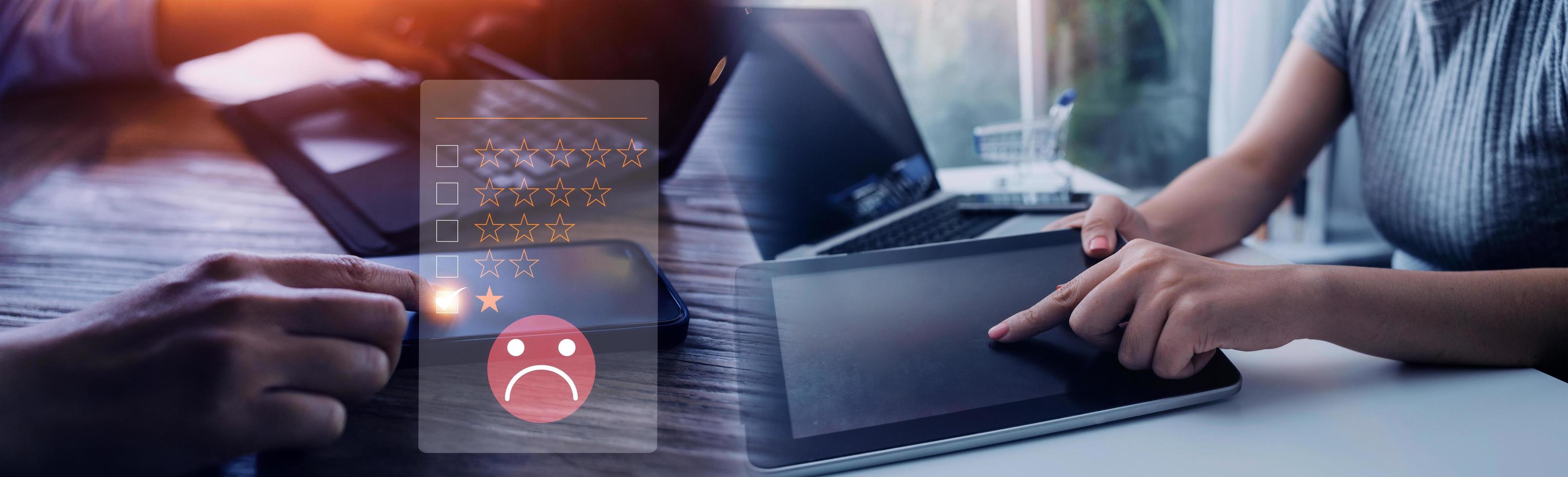 Customer Experience dissatisfied Concept, Unhappy Businessman Client with Sadness Emotion Face on smartphone screen, Bad review, bad service dislike bad quality, low rating, social media not good. photo